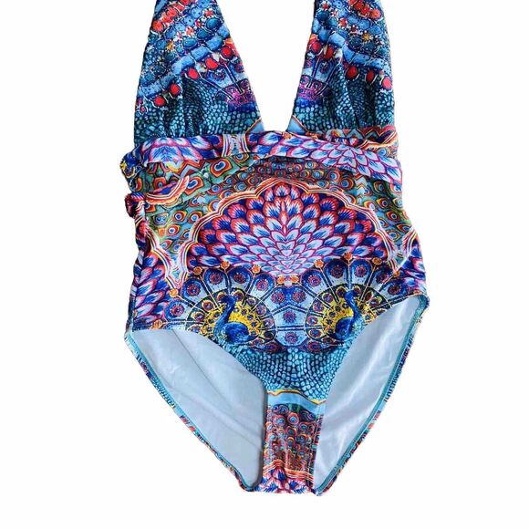True Colours size M One Piece Swim Suit Halter Multicolor Peacock Print Sparkles - Picture 2 of 9